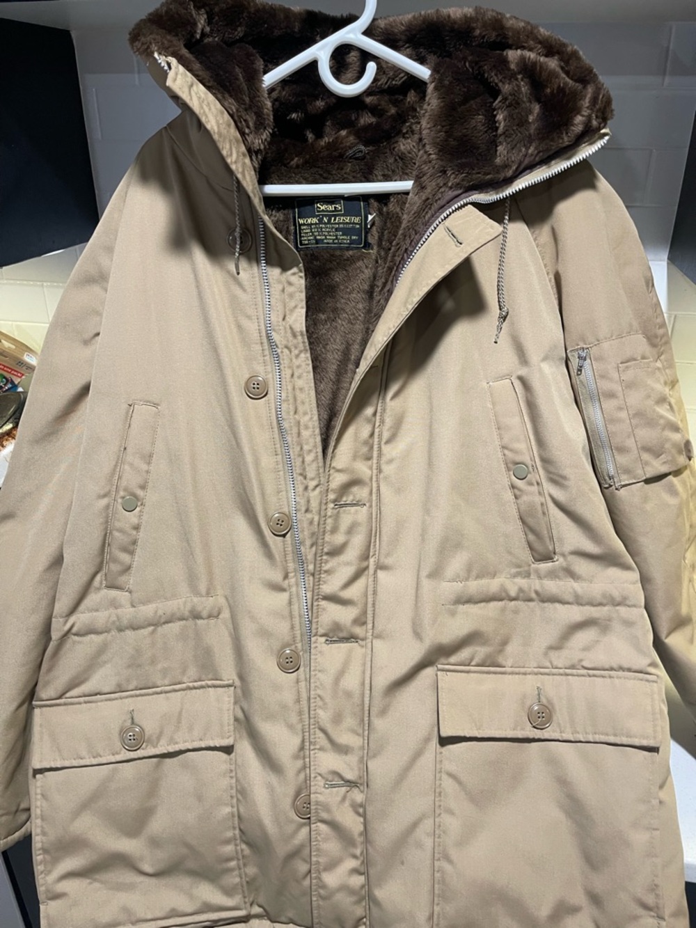 Vintage Sears Work 'n Leisure heavy hooded parka/Brown Faux Fur Lining pre owned